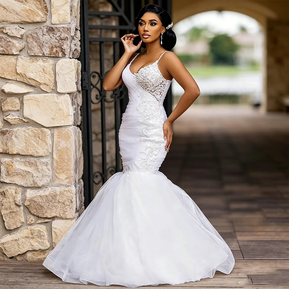 Mophiel Tulle Wedding Dresses with Pearls Mermaid Bridal Gown for Bride African Garden Beach Ceremony Reception Dress Customized
