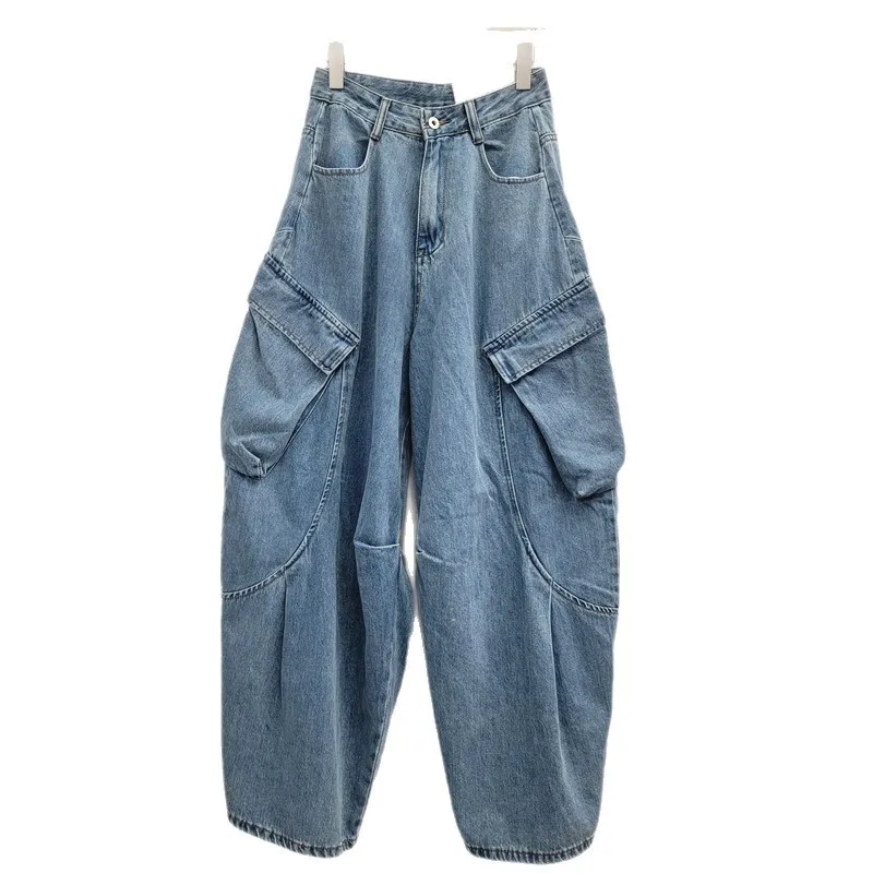 ANJY Otoño Invierno nuevas mujeres moda americana lavado multibolsillo Cargo Jeans moda suelta Chic marea pantalones vaqueros de pierna ancha A16380
