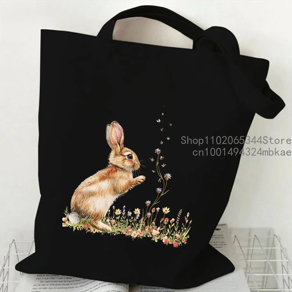 Canvas Tote Bag  Women Floral Watercolor Bunny Shopping Bag Cartoon Rabbit Graphic Student Casual Handbag Side Bag for Ladies