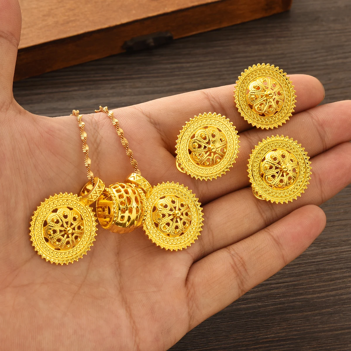 Eritrean Ethiopian Gold Plated Jewellery set Pendants Earrings Ring African Bridal Weeding Traditional Habesha Jewelry Gifts