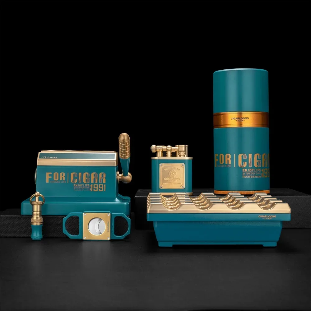 Cigar Smoking Accessories 6-Piece Desktop Cigar Cutter Portable Cigar Box Lighter Ashtray Holder Deluxe Belt Gift Box