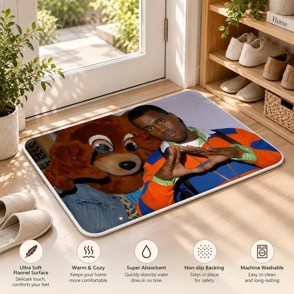 K-Kanye Bear College Dropout Rapper Floor Mat Flannel Rug Soft Non Slip Door Mat Bathroom Bedroom Kitchen Living Room Home Decor