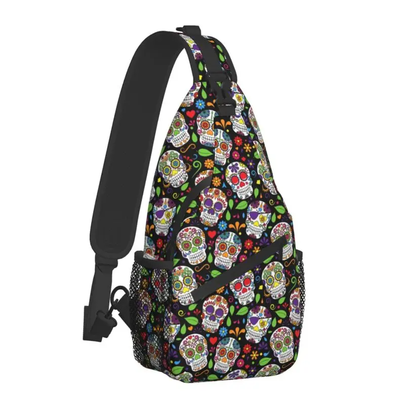 Colorido crânio de açúcar padrão flor estilingue saco no peito dia dos mortos ombro crossbody mochila para homem viagem caminhadas daypack