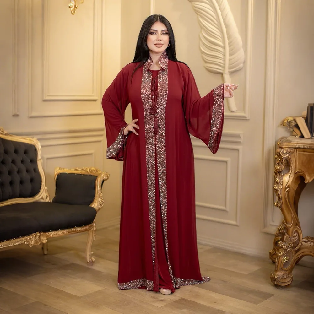 Dubai Chiffon Diamonds Kimono Abaya Inner Dress Two Piece Set for Women Kaftan Turkey Caftan Musulmane Femme Robe Islam Jalabiya