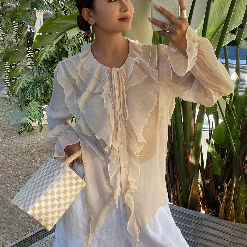 Talenza Bowknot Women's Shirt Spring Fashion Solid Ruffle Lace-up Long Sleeve Blouses Loose Casual Elegant Women Blouse 2025