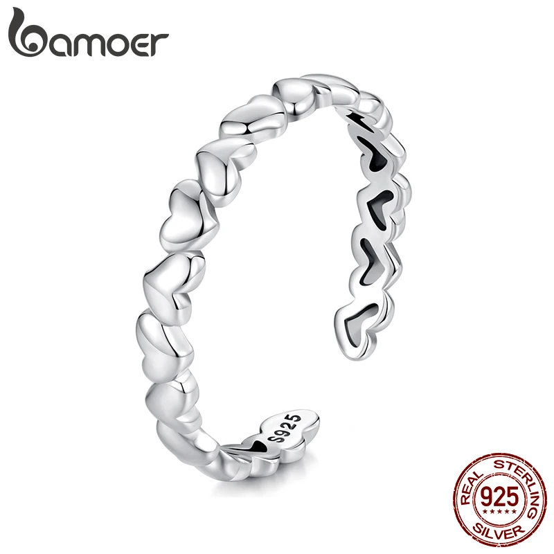 BAMOER Solid 925 Sterling Silver Heart Stackable Rings for Women, Love Valentines Statement Band Ring BSR655-E