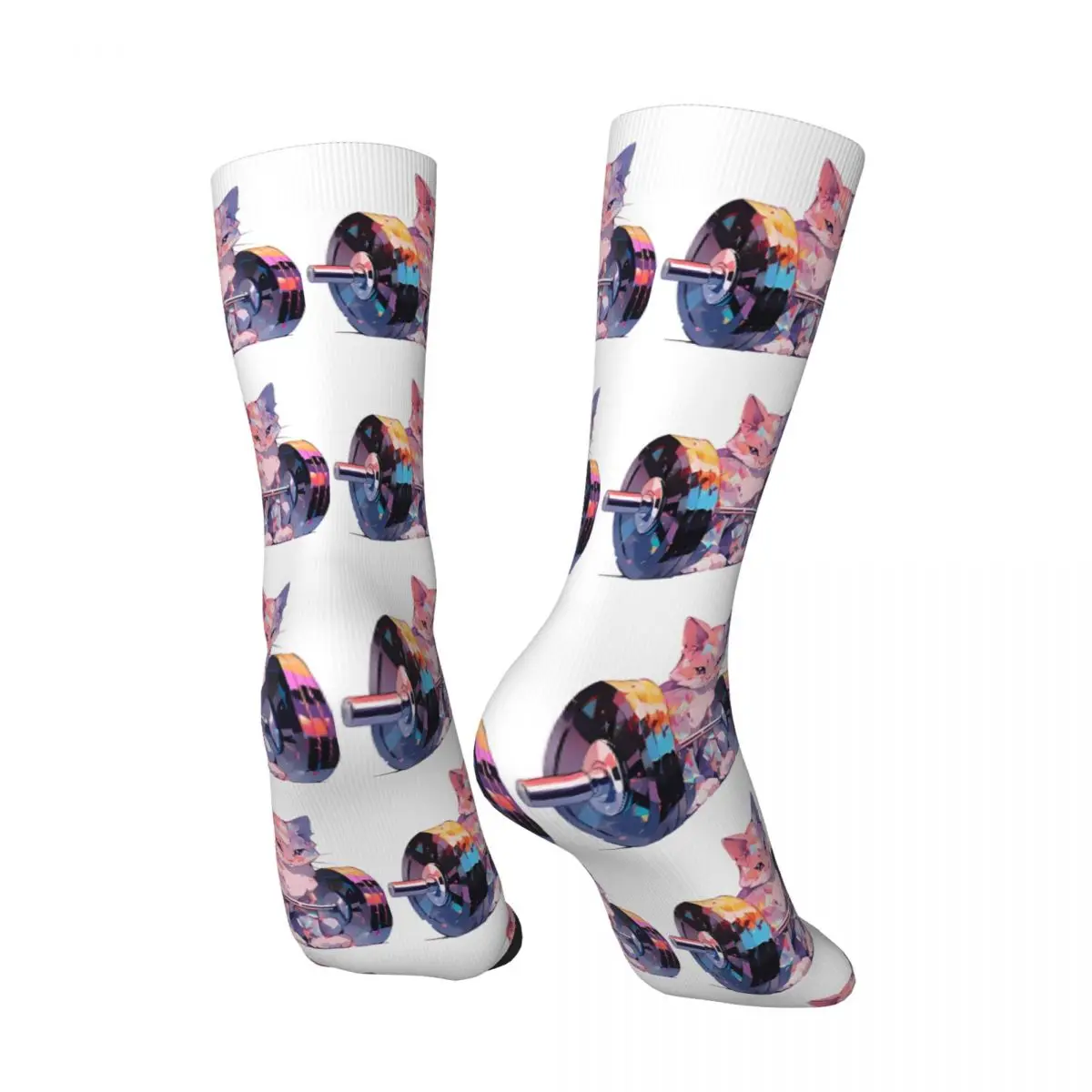 Men's compression Socks Cute Kawaii Cat Trying With The Weights Vintage Harajuku Lifting Cat Hip Hop Casual Crew Crazy Sock