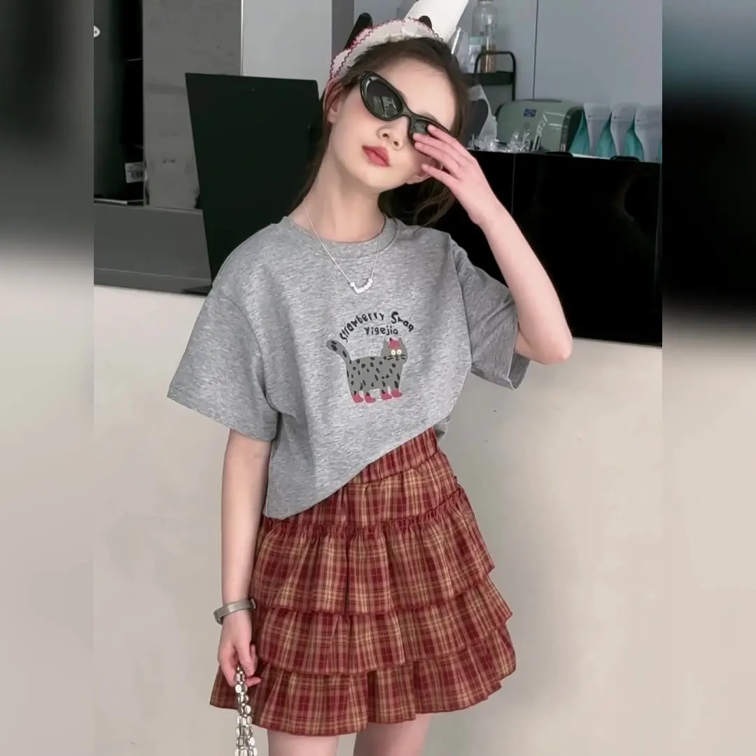 

Girls Skirt Sets Teenager Girl Summer Short Sleeved Outfits Children Cartoon T-shirt + Plaid Cake Skirt 2Pcs Kids Clothing Suit