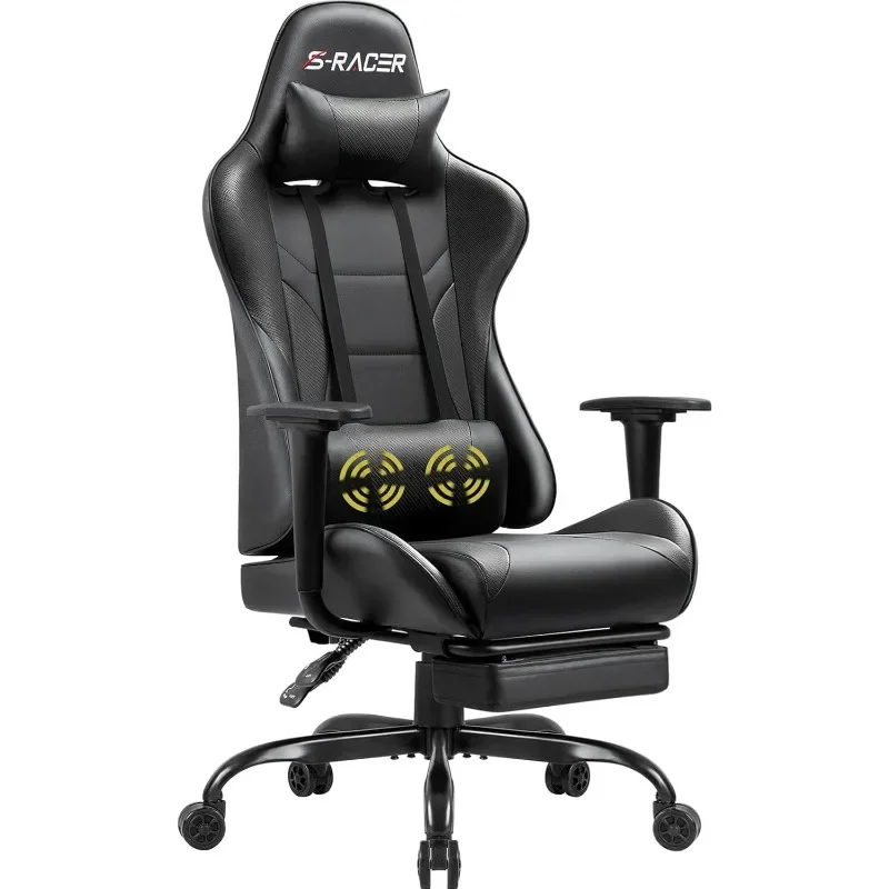 Gaming Chair Massage Computer Office Chair  with Footrest Swivel Chair Adjustable Rolling  (Black)