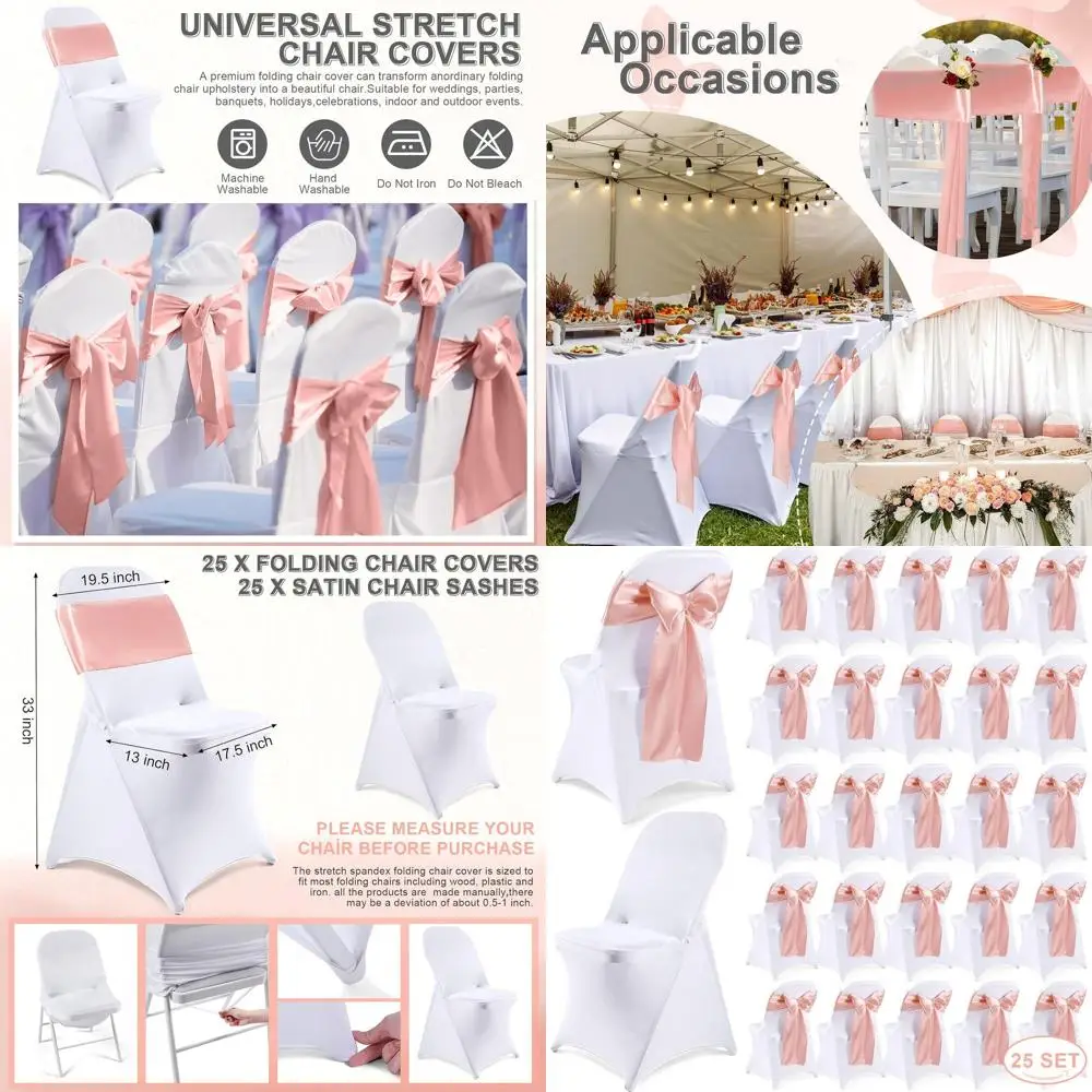 

50 Pack Folding Chair Covers with 25 Stretch Spandex and 25 Satin Bows, Washable for Weddings and Events (White, Rose Gold)
