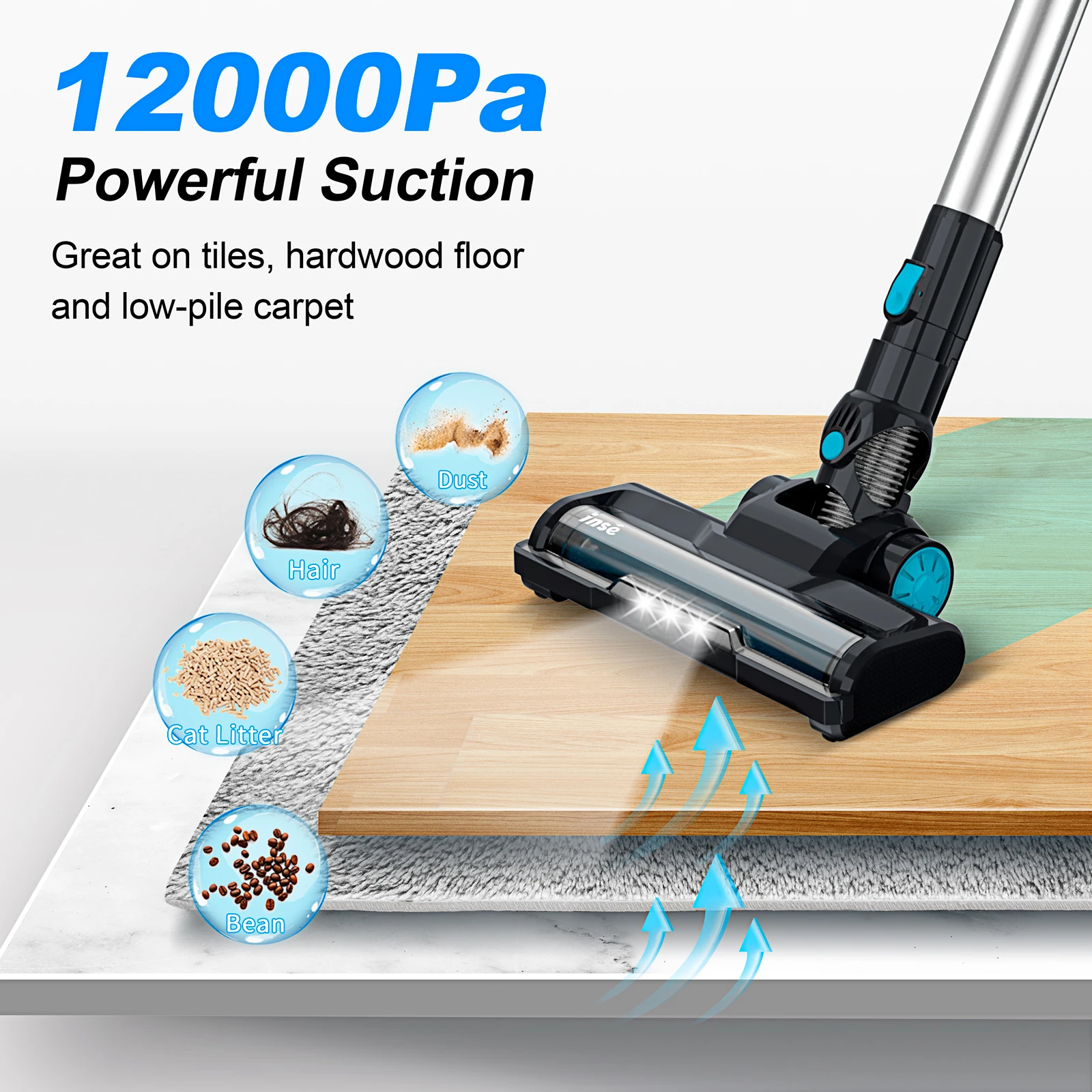 INSE V70 12kPa Powerful Lightweight Vacuum Cleaner up to 45 Mins Runtime, for Home Hard Floor Carpet Pet Hair, Blue