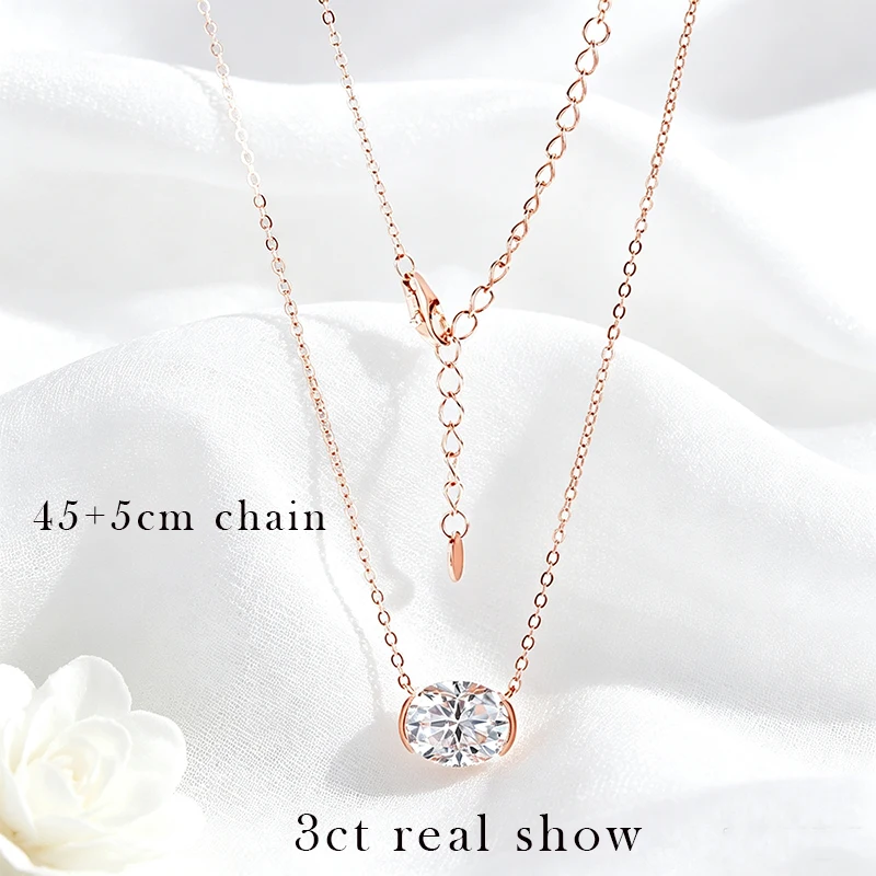 Smyoue New 1-3CT Pass Test Oval Cut Moissanite Necklace for Women Rose Gold Plated Wedding Solitaire Pendant 925 Sterling Silver