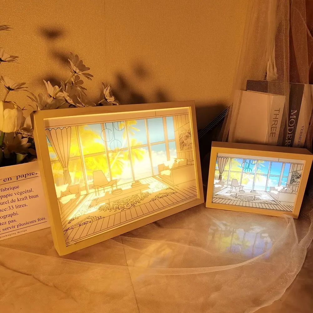 Lámpara de mesa de Arte de pared regulable con luz Led USB, marco de fotos de madera para ventana de luz solar interior, regalo de foto luminoso por la noche