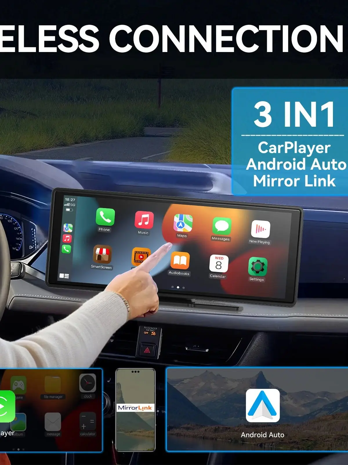 Universeel draagbaar draadloos Carplay-scherm voor auto met Android Auto touchscreen autoradiosysteem - afbeelding 2