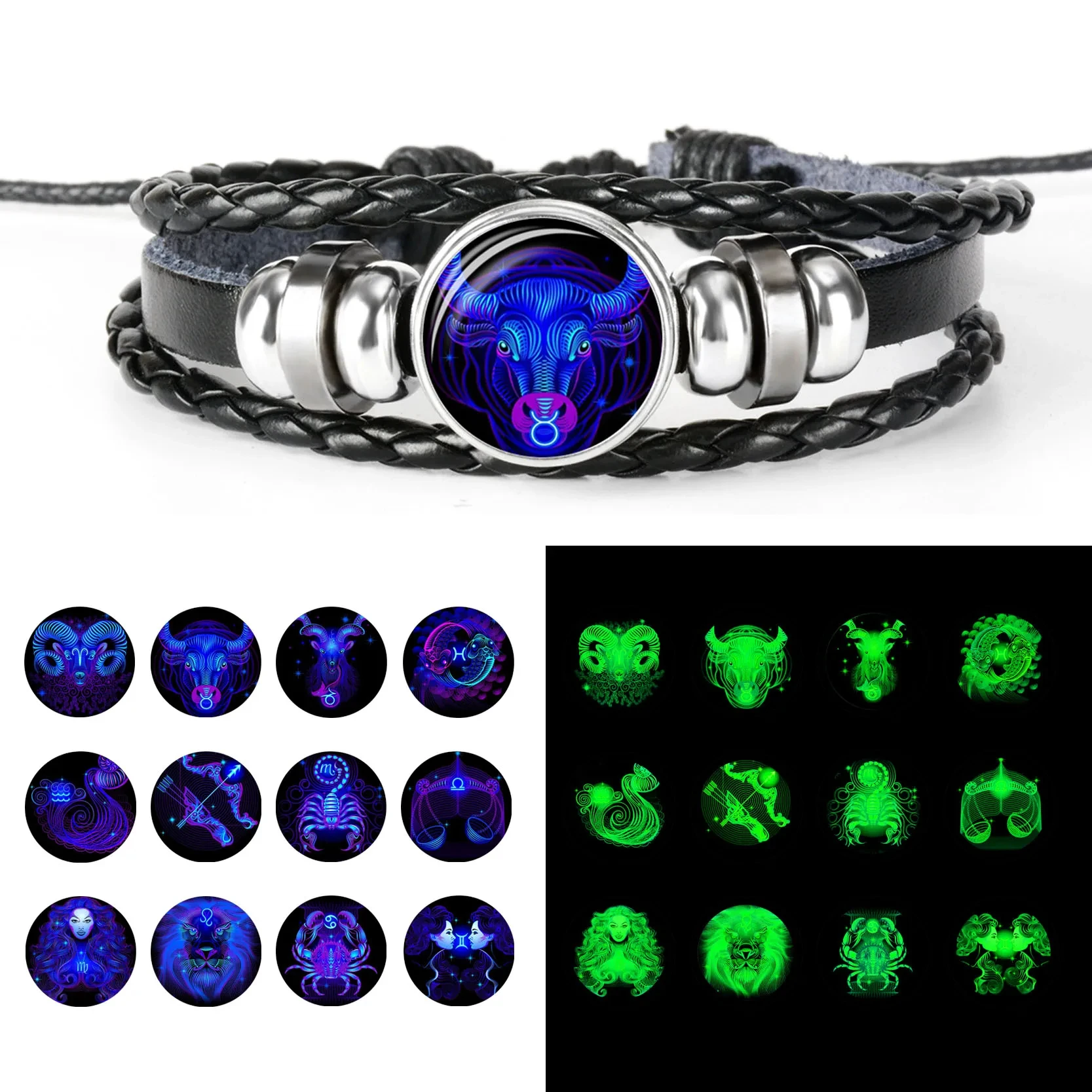 12 Constellation Zodiac Sign Black Braided Leather Bracelet Cancer Leo Virgo Libra Woven Glass Dome Jewelry Punk Men Bracelet