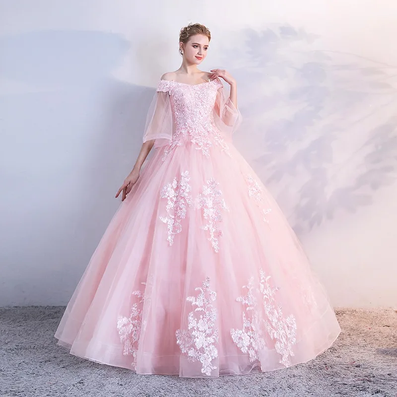 Vestido De quinceañera rosa con hombros descubiertos, Media manga, Apliques De encaje, Princesa, baile, 15, 2024