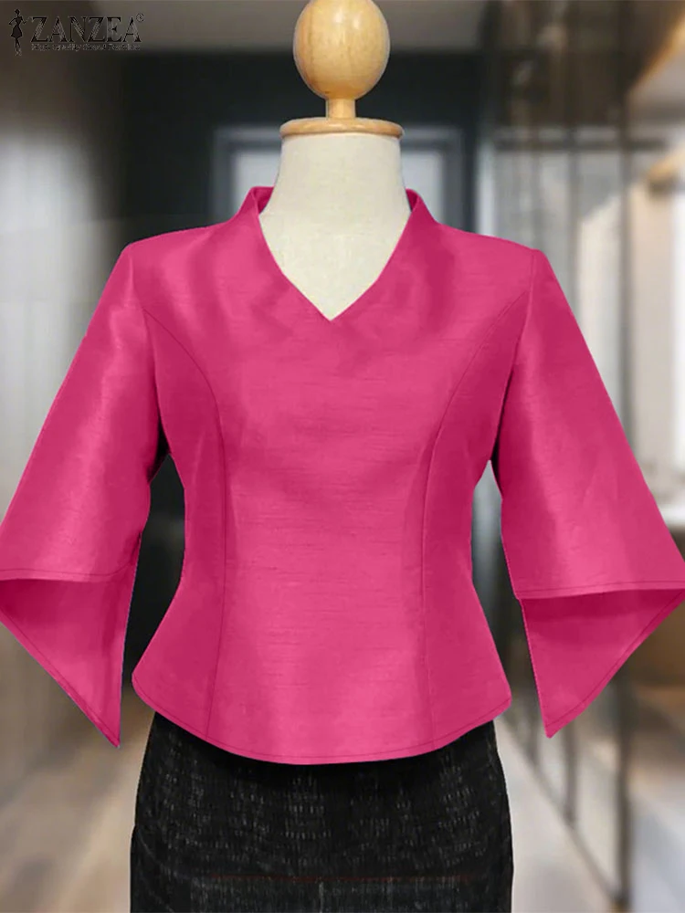 Élégant col en V bureau Blouse ZANZEA été solide chemise femmes élégant Satin hauts manches évasées irrégulières Blusas femme chemises de travail