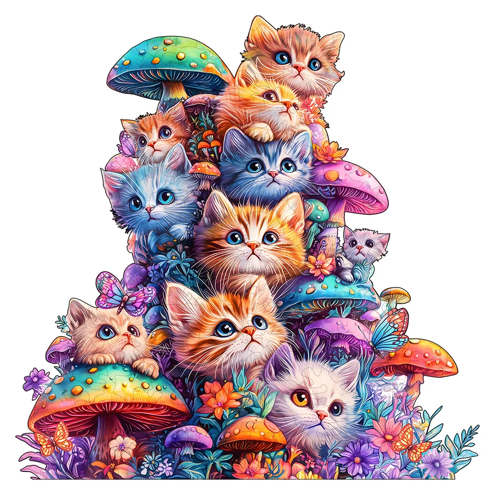 

This captivating design blends feline mystique, hypnotic eye motifs, and magical mushroom forests into a single, spellbinding s