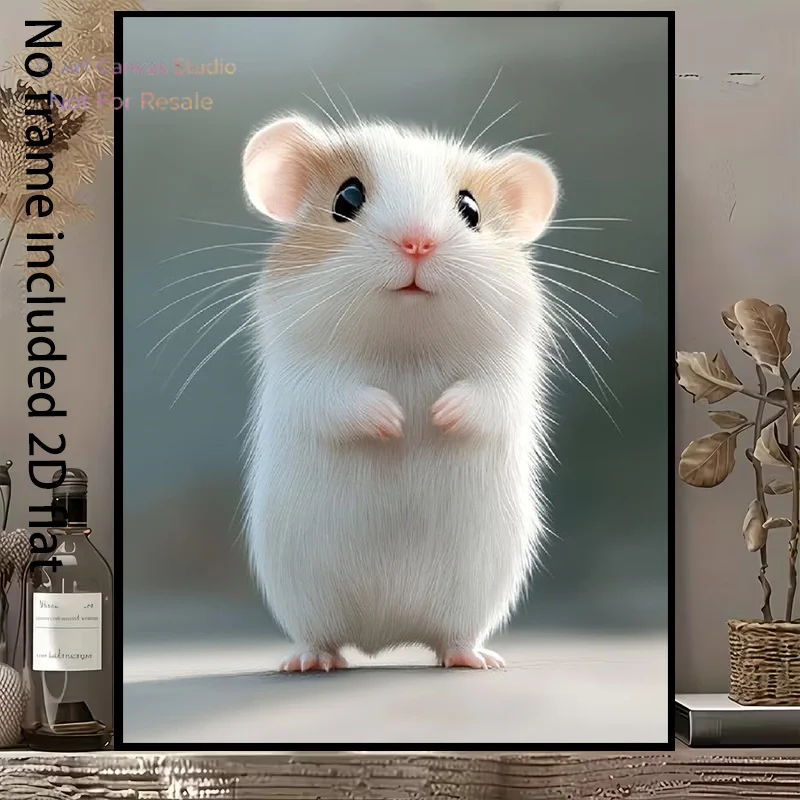 2D Flat, 2D Flat, A 2D Flat Canvas Painting Featuring a Cute White And Brown Hamster Standing, Showcasing Its Delicate Fur An