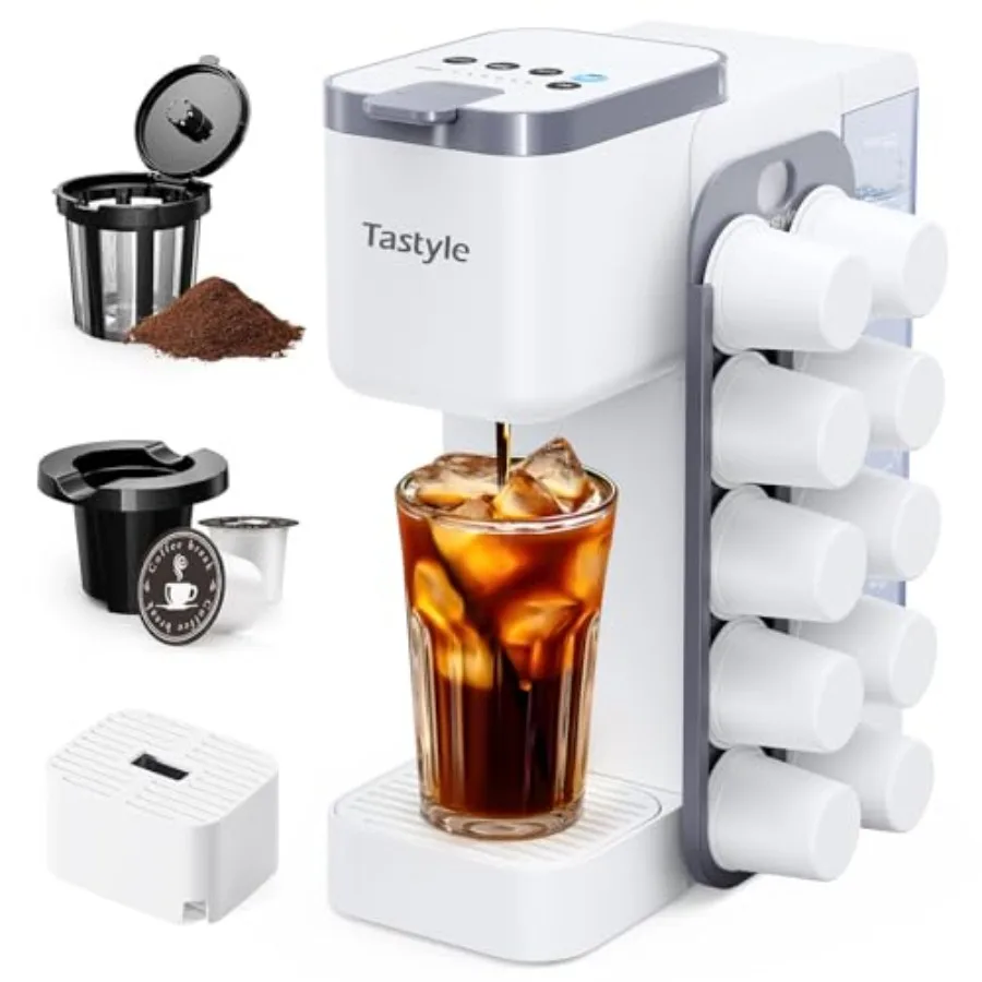 

Hot Iced Coffee Maker with Magnetic K-Pod Organizer Stores 10 Pods 4-5 Cups 40oz Removable Water Tank White Single-Serve Brewer