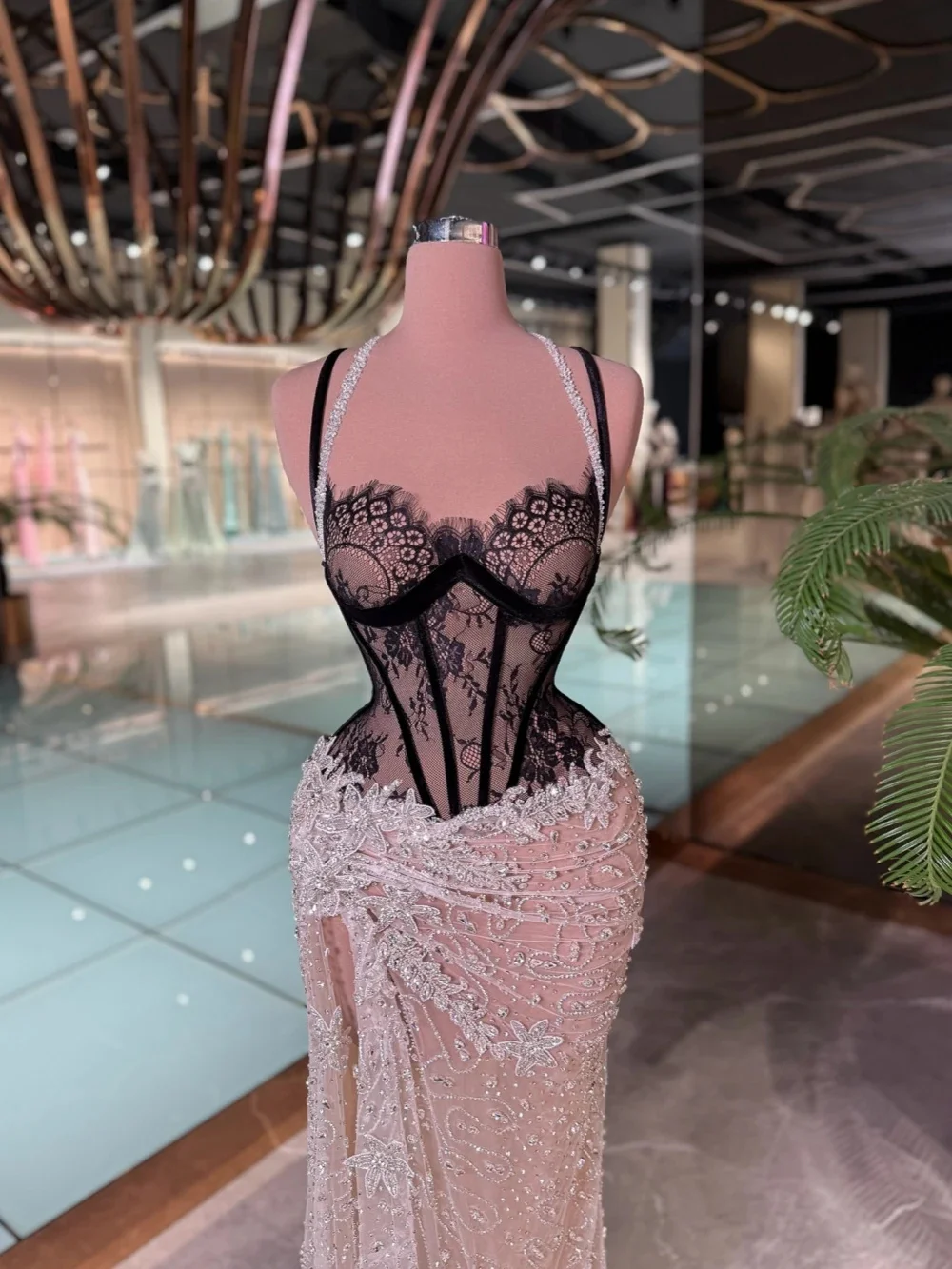 Sexy cintas de espaguete rendas vestidos de noite ilusão sem mangas lantejoulas sereia vestido de baile personalizado fenda lateral vestido de festa