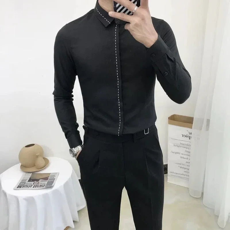

Smart Casual Spring Autumn Men Clothing Shirts Lapel Line Single Breasted Trend Business Slim Long Sleeve Tops JJ253