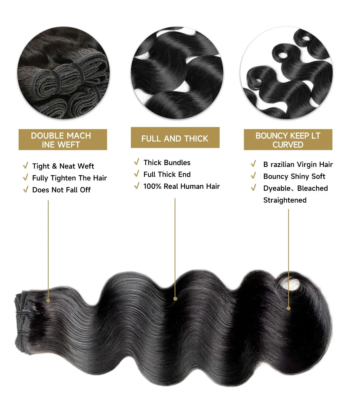 Extensiones de cabello humano virgen brasileño 100% sin procesar, mechones de ondas corporales, tejido negro, sin procesar, 3 uds.