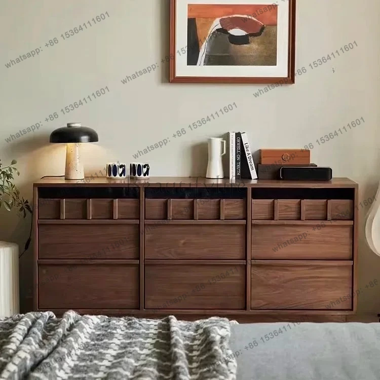 Factory DirectNordic black walnut solid wood nine chest cabinet living room retro bone line storage drawer cabinet