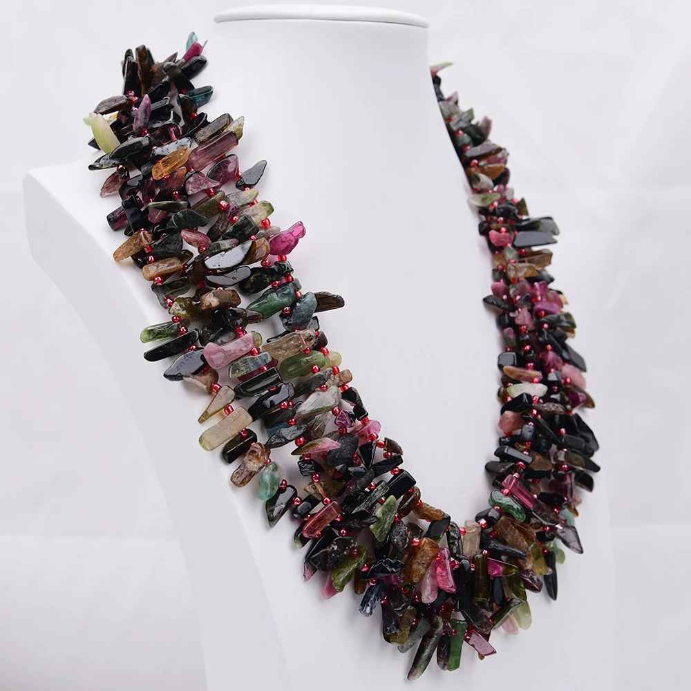 G-G 5 Strands Natural Mix Color Tourmaline Top-drilled Real Gems Stone Necklace Onyx OT Clasp