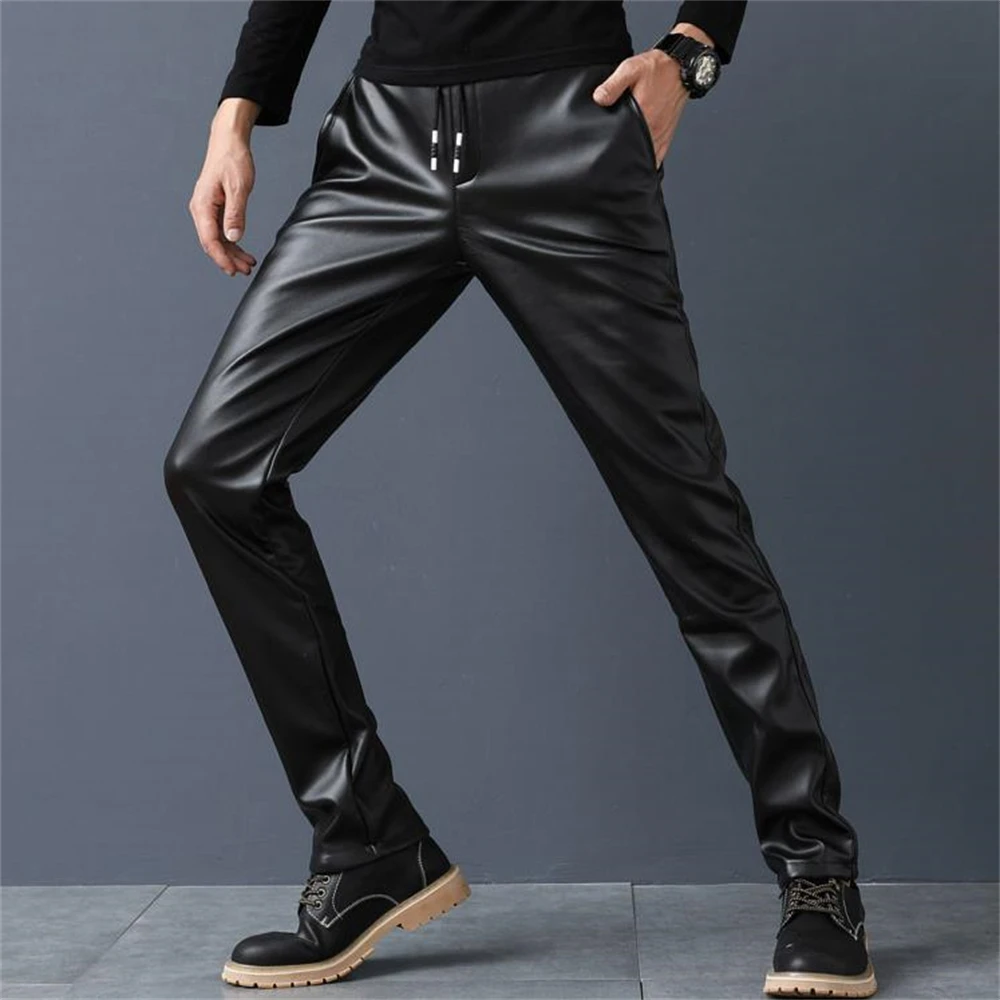 Autumn Men Leather Pants Velvet Skinny Fit Elastic Style Pu Leather Trousers Motorcycle Pants Thick Streetwear Slim Capris