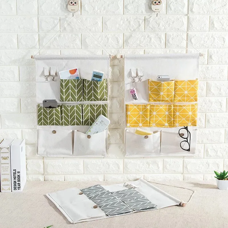 7 Pockets Linen Storage Bags Hanging Wardrobe Sundries Storage Bag Jewelry Cosmetics Makeup Bag Organizer Kids Toys Organizer