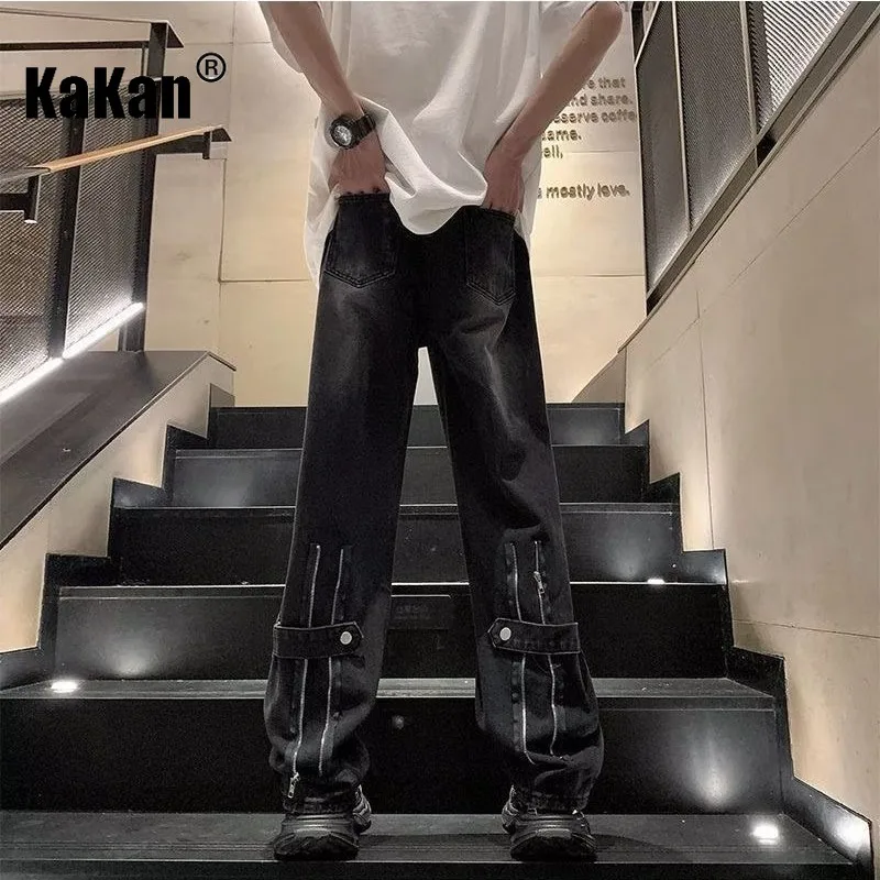 

Kakan - Europe and The United States New Workwear Tie Zipper Jeans Men's, High Street Senior Straight Retro Long Jeans K63-2