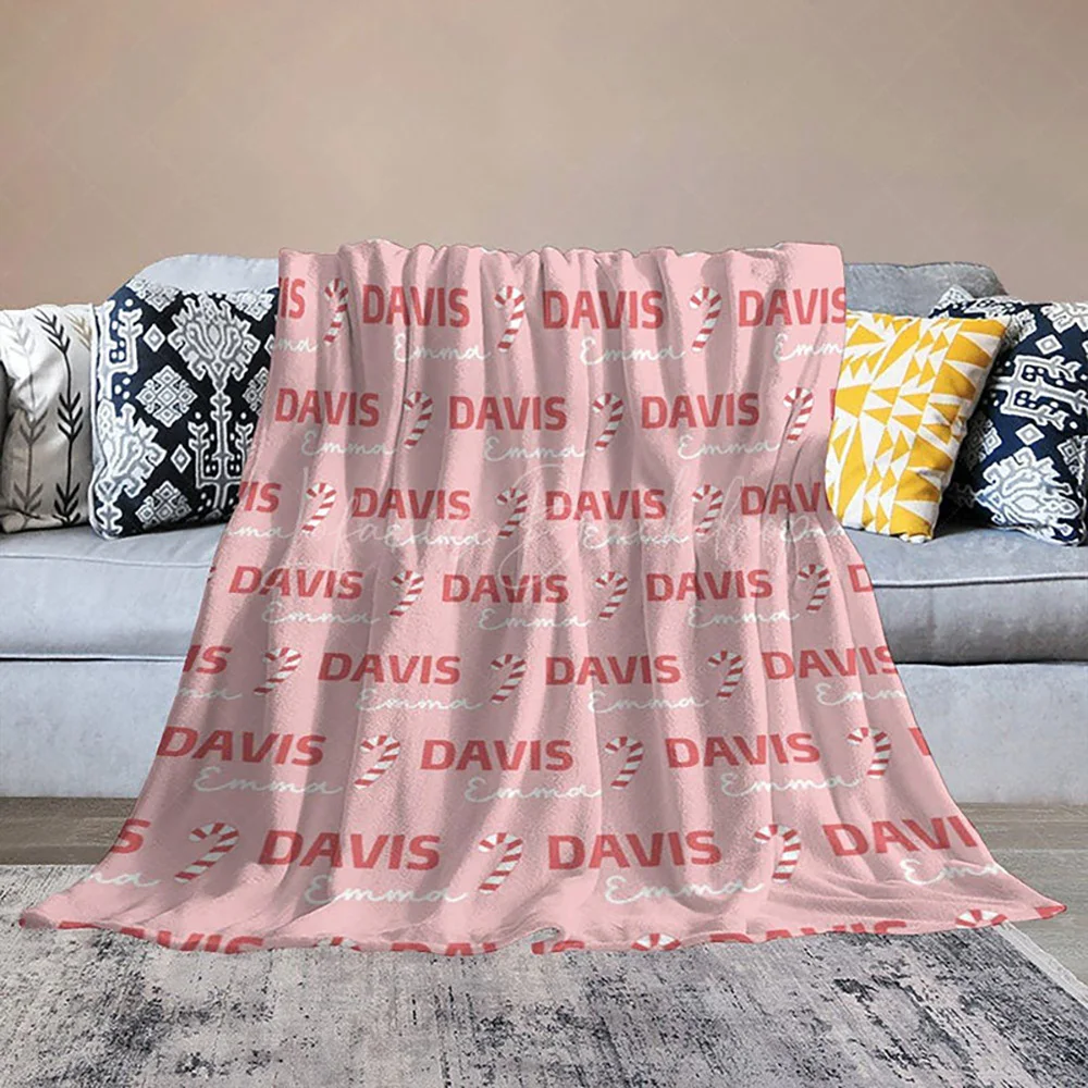 Personalized Pink Candy Cane 50x60in Christmas Blanket for Kids, Custom Name Holiday Decor Throw Gift