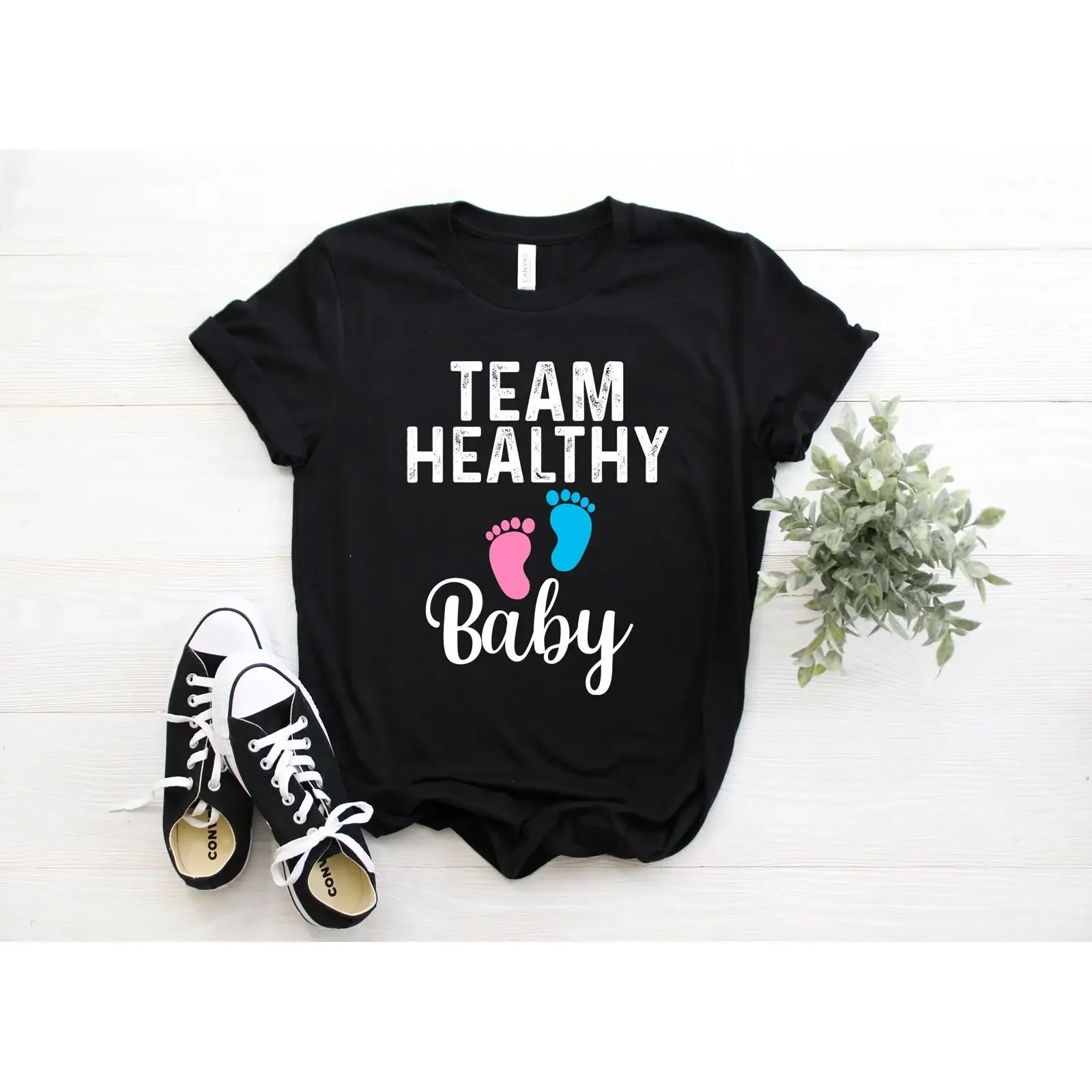 Team Healthy Baby Gender Reveal T Shirt Boy Girl Shower Party Casual  vintage Washed homme Slightly Unisex Stretched