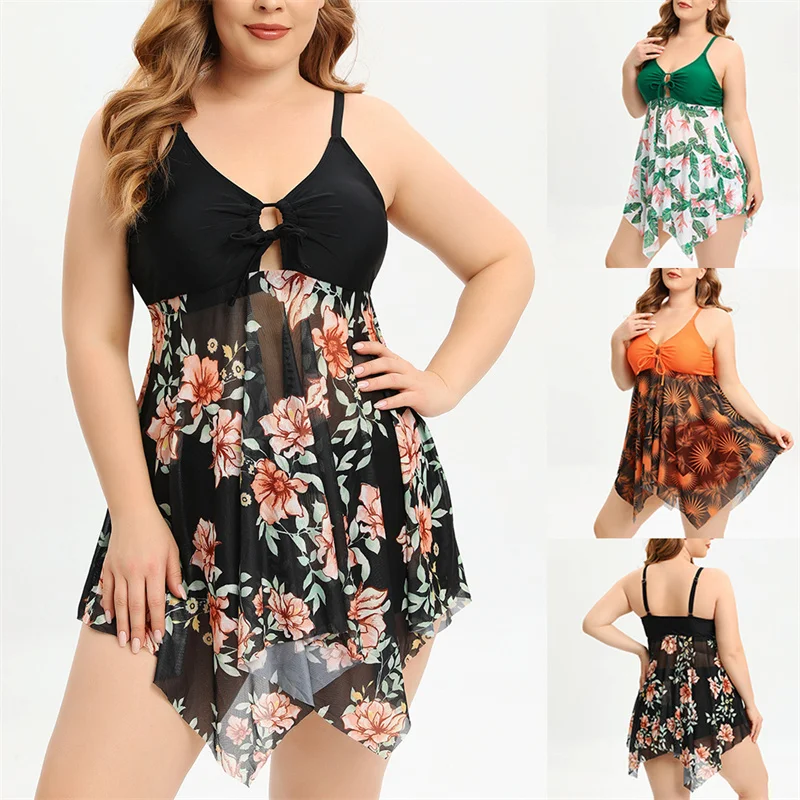 

Plus Size Two Piece Set Bathing Suit Summer Women Split Swimsuit Printed Suspender Skirt And Shorts Beach Swimwear