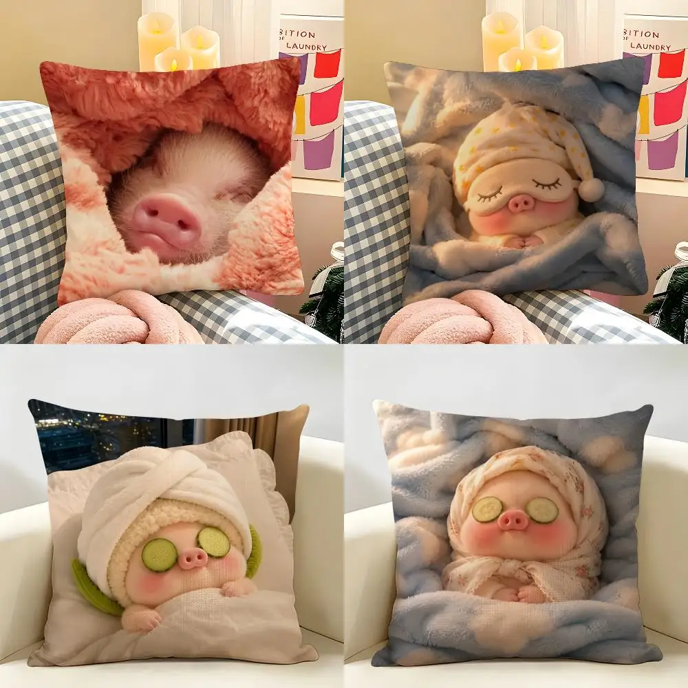 Cute Funny Pig Friends Gift Cushion Cover Natural Linen Organic Fabric Double-Sided Printing Room Sofa Decor Pillow Case