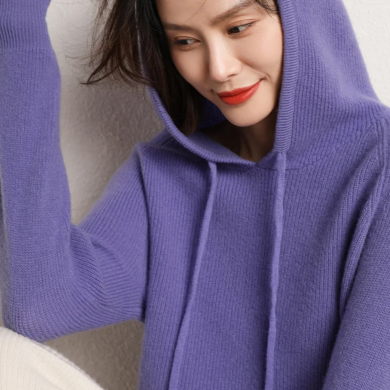 

100% Australian wool knitted top women's hooded drawstring pullover loose warm jacket women's casual sports sweater
