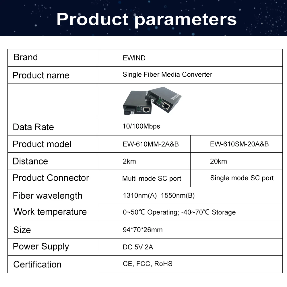 EWIND 1 Pair Optical Fiber Media Converter 10/100M Single/Multi Mode Fiber Transceiver 100M Single Fiber Converter 1310/1550nm