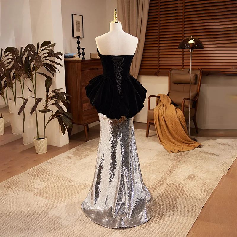 Evening Dress Strapless Sleeveless Sequins Mermaid Pleat Floor-Length Black Lace Up Elegant New Party Formal Dresses Woman B2804