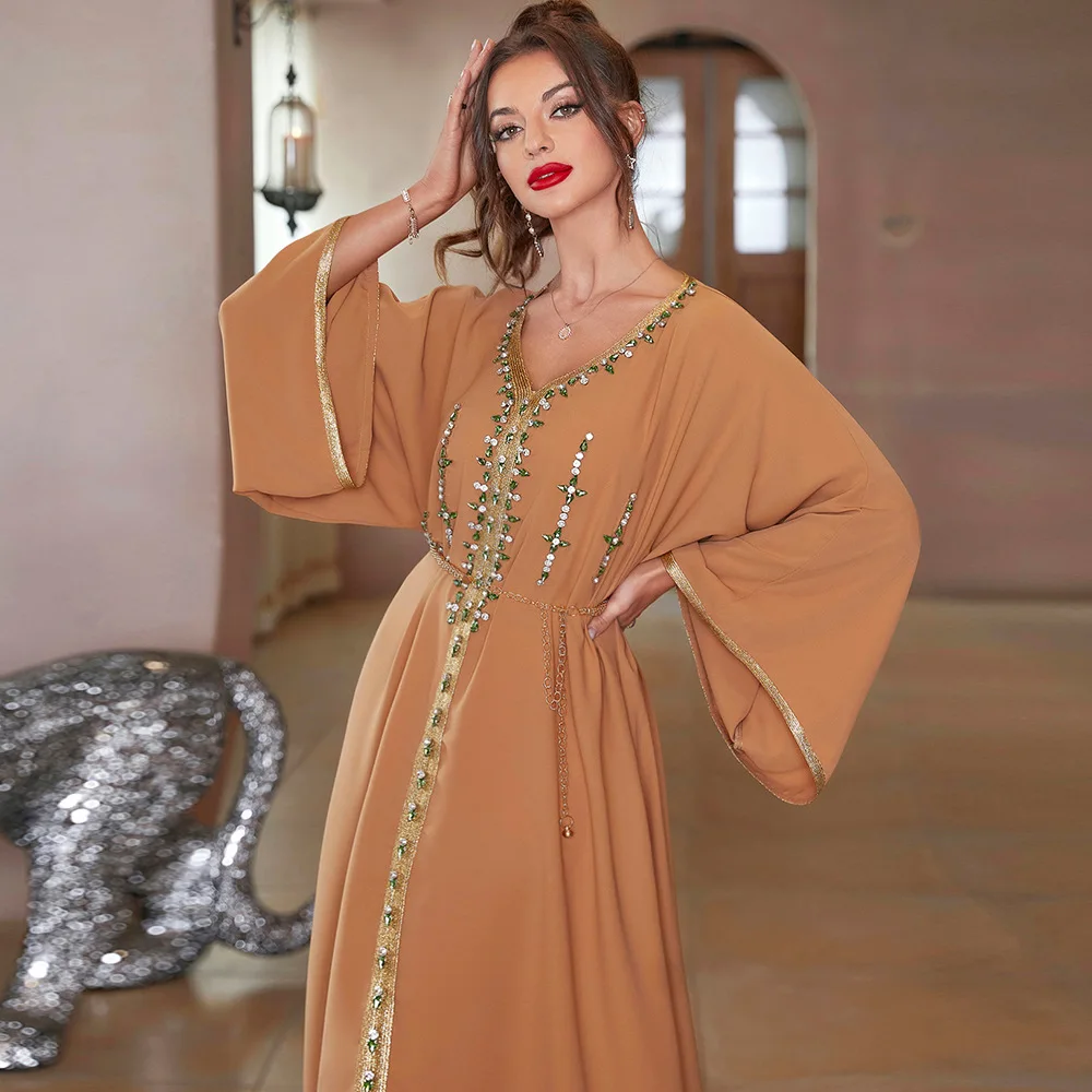 Robe Abaya Khaki Handsewn Diamond Sleeves Dress Elegant V-Neck Salwar Kameez Women Indian