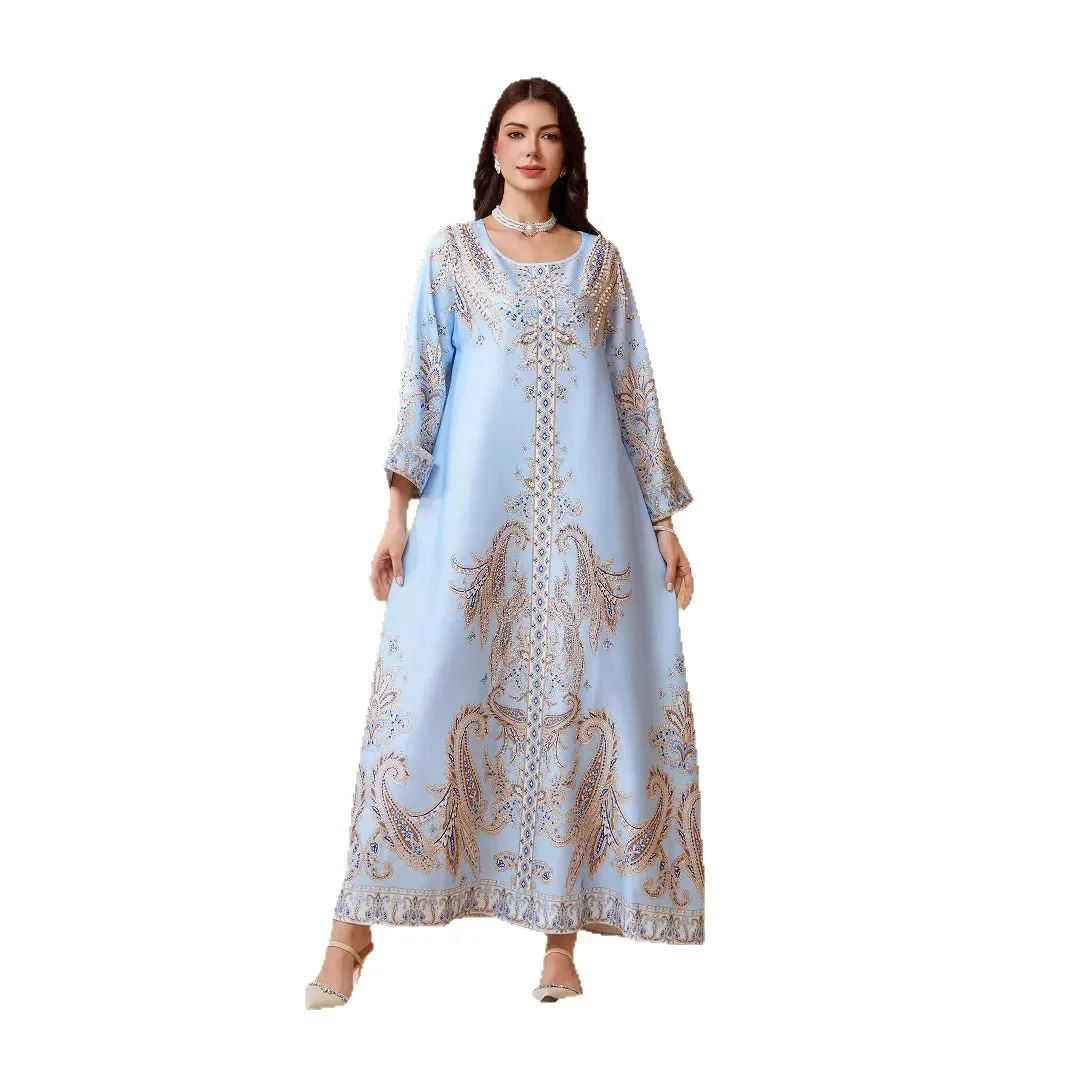 

Мусульманское платье Ближнего Востока в Дубае, женский халат с круглым вырезом и принтом из бисера, тонкие абайи