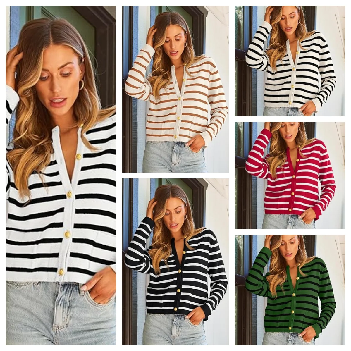 

Striped Sweaters Women Cardigan Coats Round Neck Casual Open Stitch Jumpers Y2k Streetwear Single Breasted Coat Spring Autumn