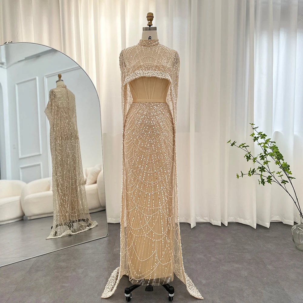 Sharon Said Luxus-Perlen Dubai Champagner Meerjungfrauen-Abendkleider mit Cape-Ärmeln Arabisches Hochzeits- und Abschlussballkleid SS369 Maßanfertigung – Detail 10