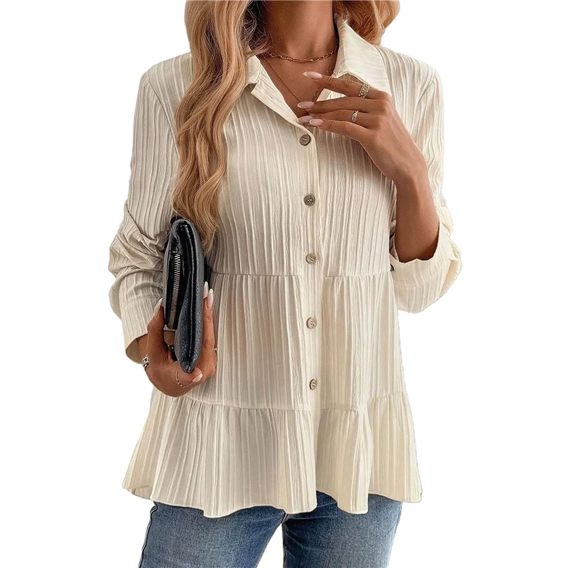 ABP-Blusa peplum con botones para mujer, camisas holgadas con cuello de manga larga, Top texturizado