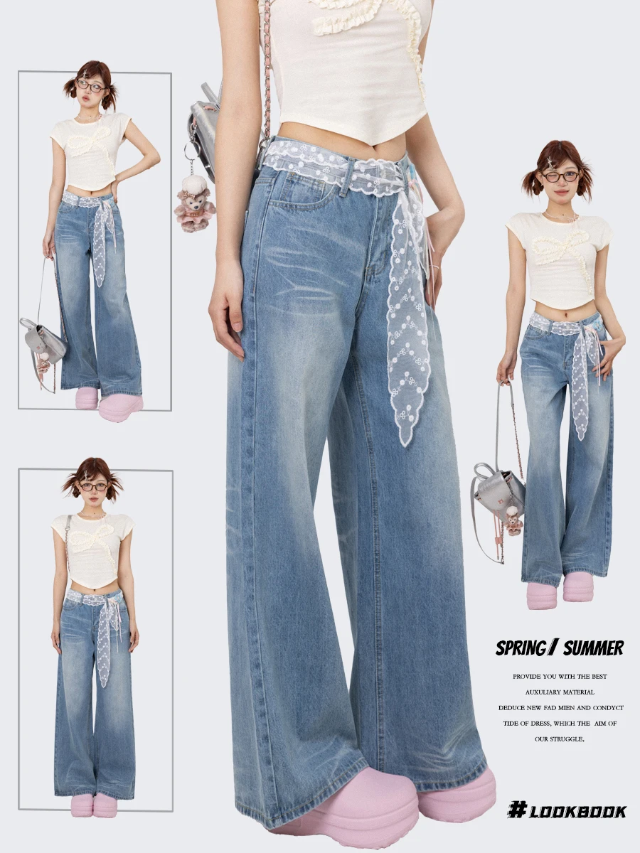 

Retro Waed Blue Jeans High Waist Straight Leg Slim Wide Leg Pants Women's AKSTUDIO 2024 New Sle Summer Long Pants
