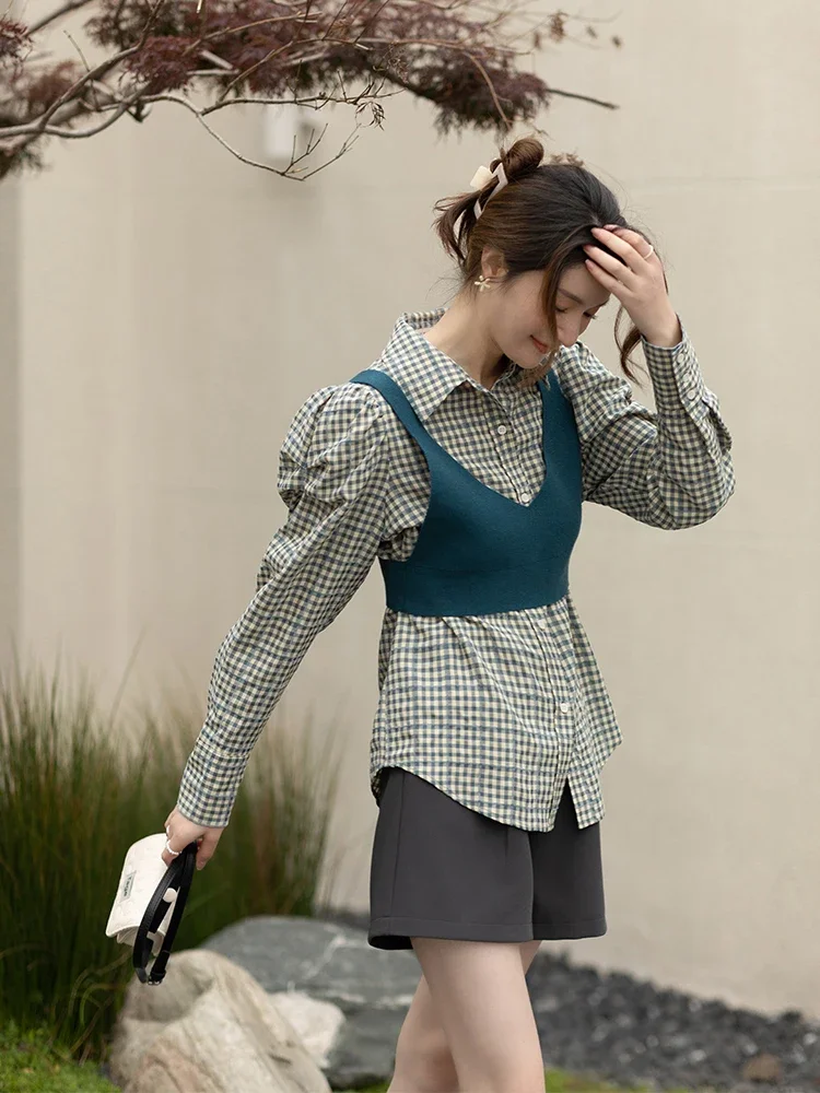 MISHOW Plaid Shirt for Women Knitted Vest Crop Tops Spring New Button Up Long Sleeve Vintage Blouse Female Separately MXB12Z0296