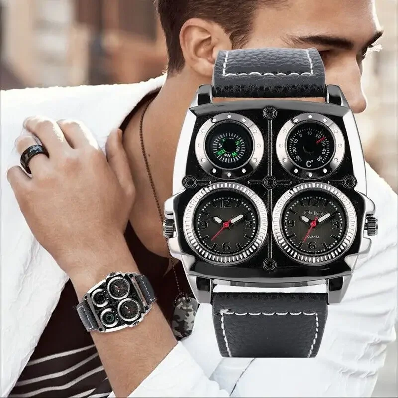 OULM Men Dual Time Zone Military Watch Decorative Compass Big Dial Leather Watch