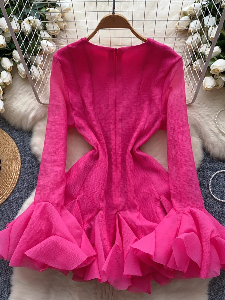 Women Rose Red A-line Luxury Mini Dress 90s Vintage Long Sleeve Evening Dresses Y2k Elegant One Piece Frocks 2000s Clothes 2024