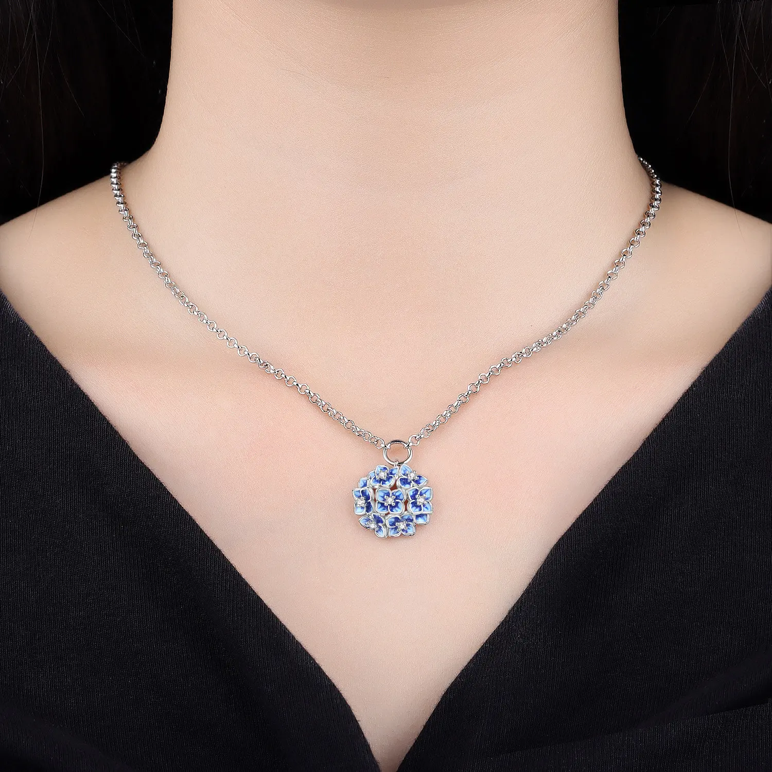 Orstarry Halskette mit Anhänger aus 925er-Sterlingsilber, blaue Hortensienblüten, Halskette für Frauen, Geburtstagsgeschenke, modischer edler Schmuck – Detail 2