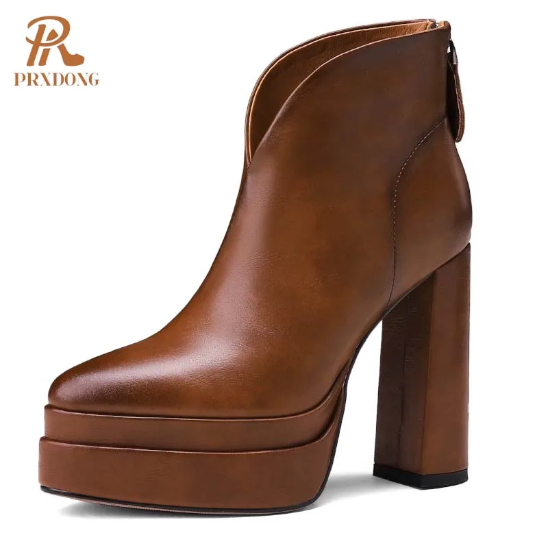 PRXDONG marca autunno inverno stivaletti caldi Chunky tacchi alti piattaforma nero marrone vera pelle vestito partito scarpe da donna 34-39